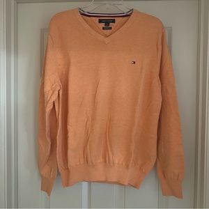 NWOT TOMMY HILFIGER Mens Large Orange V Neck Premium Cotton Sweater Logo